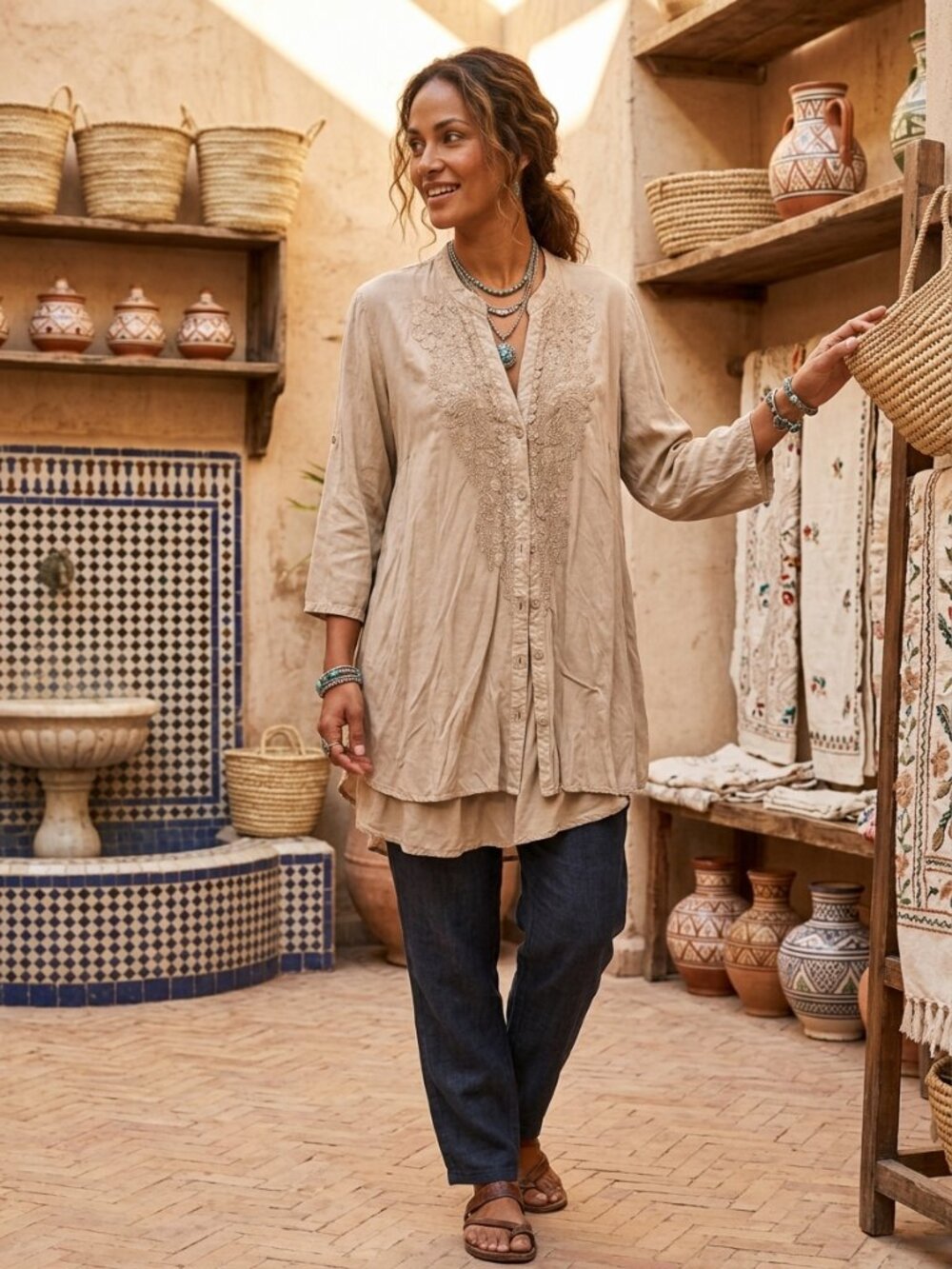 NWT Solitaire Taupe Beige Embroidered Boho Tunic Blouse Roll Tab Sleeve - M